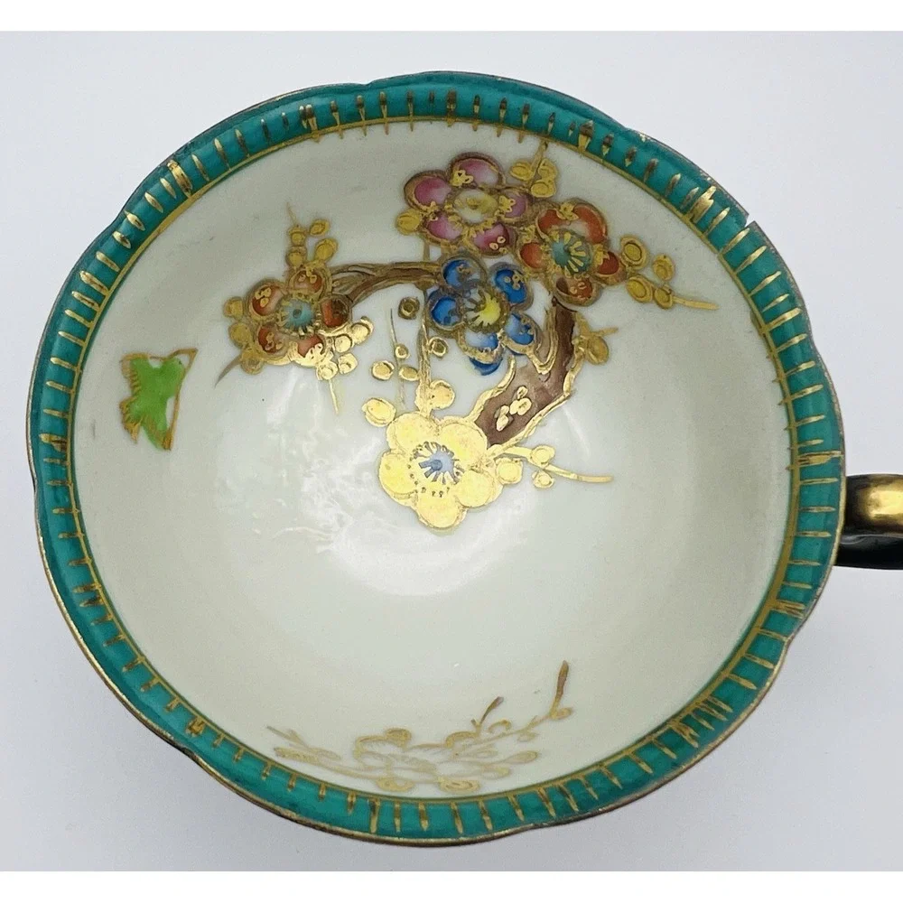Trimont Teacup Saucer Set Black Gold Moriage Jeweled Floral Japan Vintage China